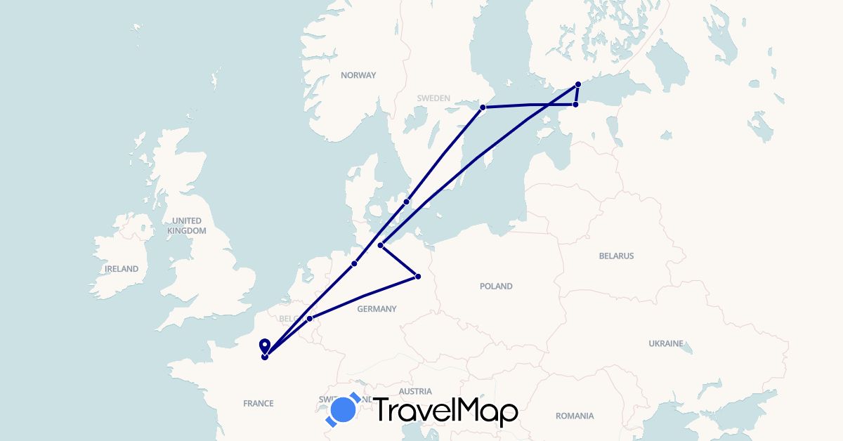 TravelMap itinerary: driving in Belgium, Germany, Denmark, Estonia, Finland, France, Sweden (Europe)